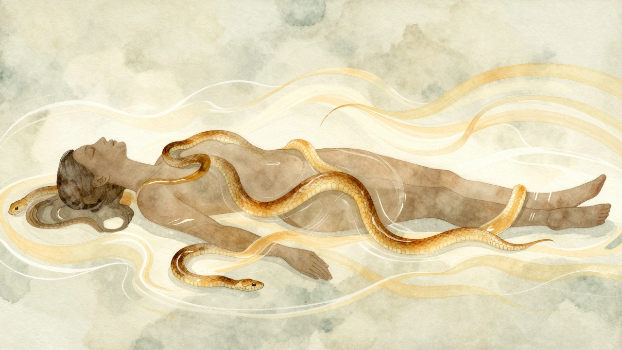 Watercolor-style silhouette of a person with snakes flowing over them like liquid light, symbolizing deep relaxation.