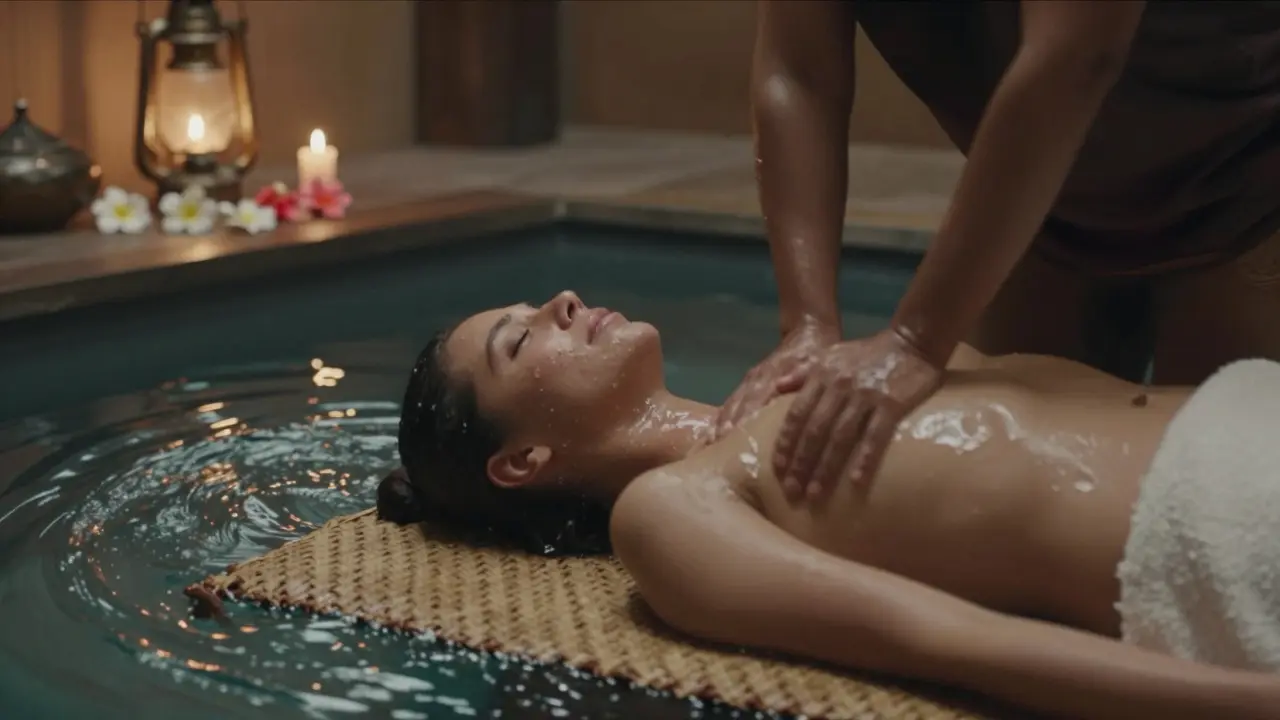 A practitioner performs flowing lomilomi massage by a tide pool, using rhythmic forearm movements in soft lamplight.