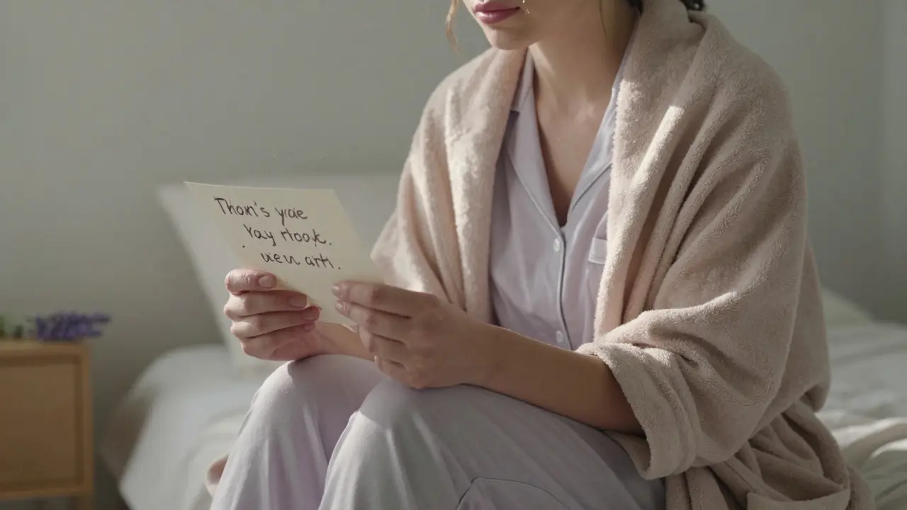 A woman sitting peacefully on a bed after a massage, holding a handwritten note, tears of relief in her eyes.