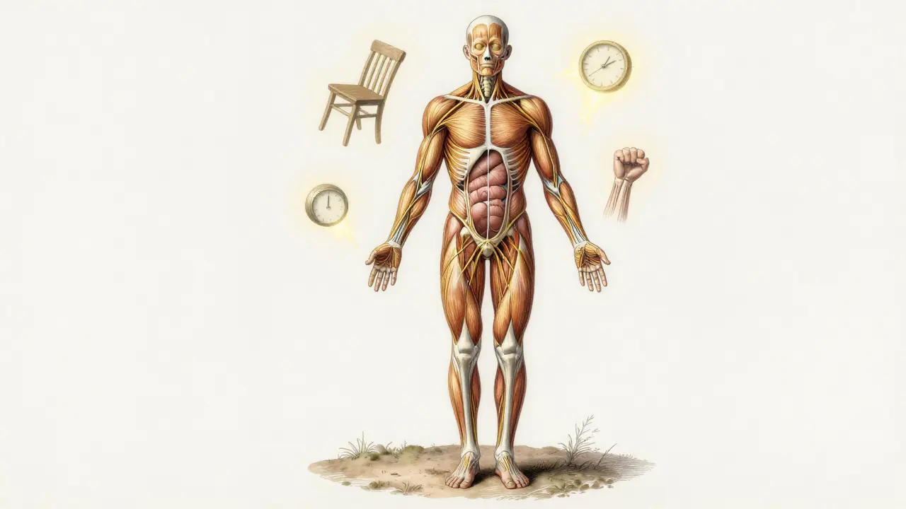 Artistic depiction of human body with golden fascia web, twisted on one side, aligned on the other, surrounded by dissolving stress symbols.