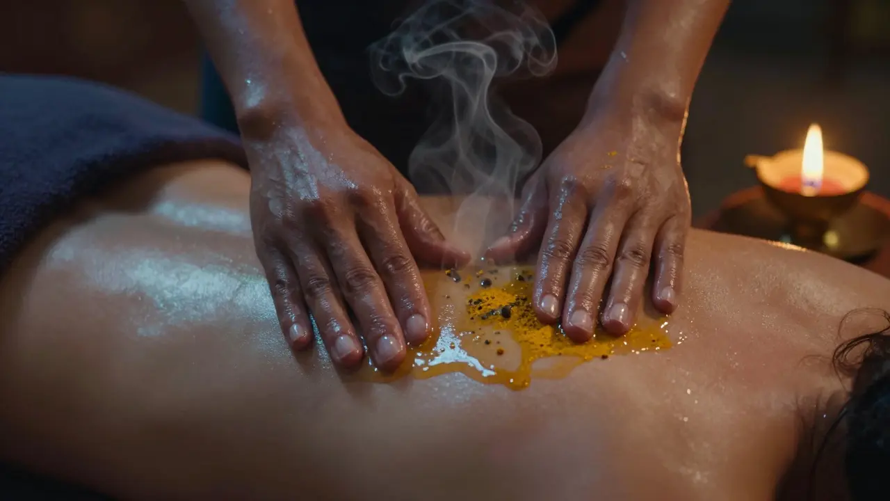 Close-up of hands massaging coconut oil with visible herbal particles, glowing skin, and warm ambient light.