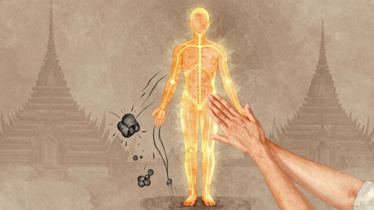 Golden energy lines flow through a human body, dissolving stress knots as a therapist applies pressure during Thai massage.