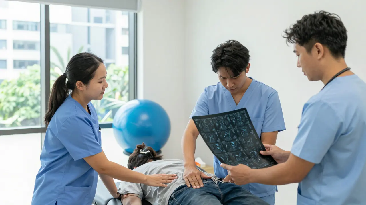 Healthcare team reviewing MRI scan with patient during a rehabilitation consultation.
