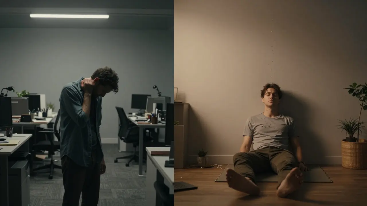 Split image: one side shows stress in a cluttered office, the other shows calm during shiatsu in a peaceful room.