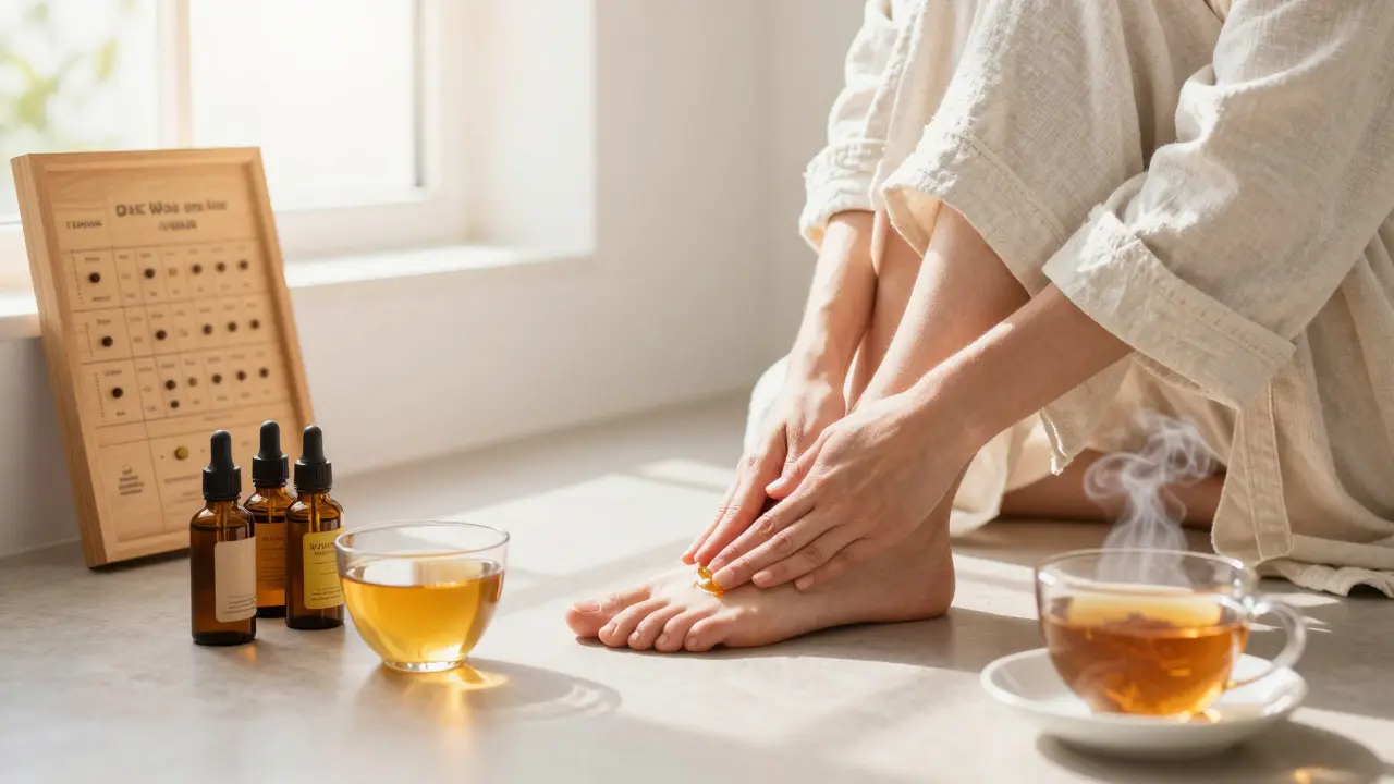Woman doing self-massage with ayurvedic oils in a sunlit bathroom, surrounded by organic bottles and tea.