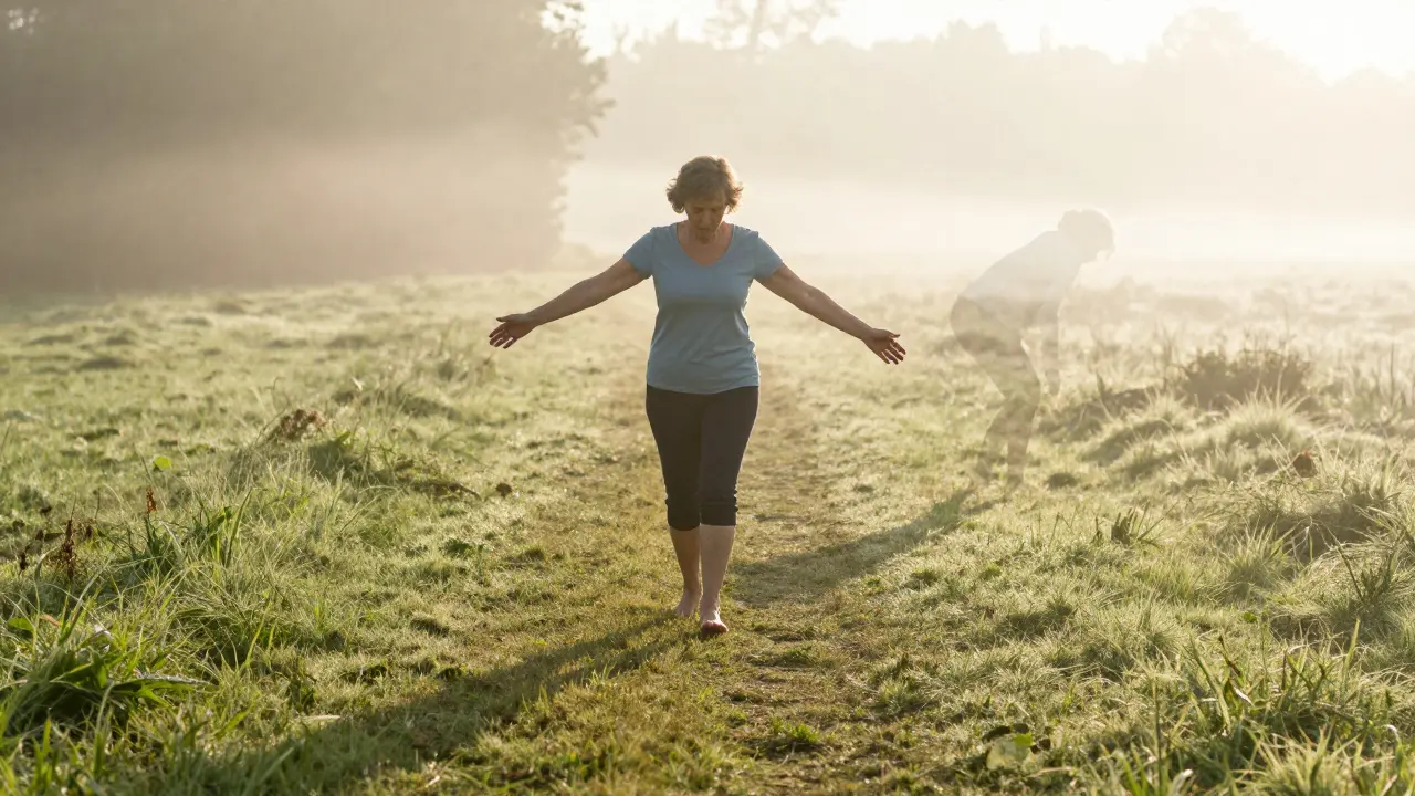 Woman walking barefoot at sunrise, tall posture, shadow showing transformation from hunched to aligned, peaceful landscape.