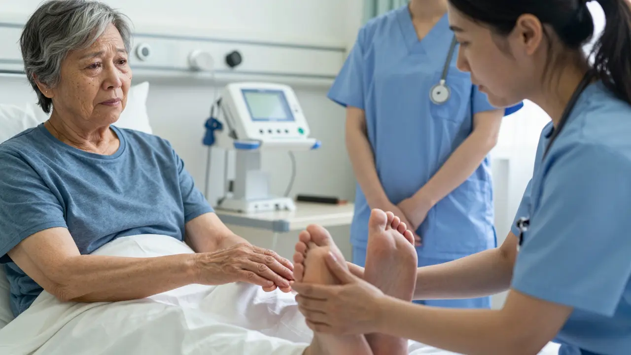 A daughter massages her mother's feet in hospice as the mother squeezes her hand for the first time in weeks.