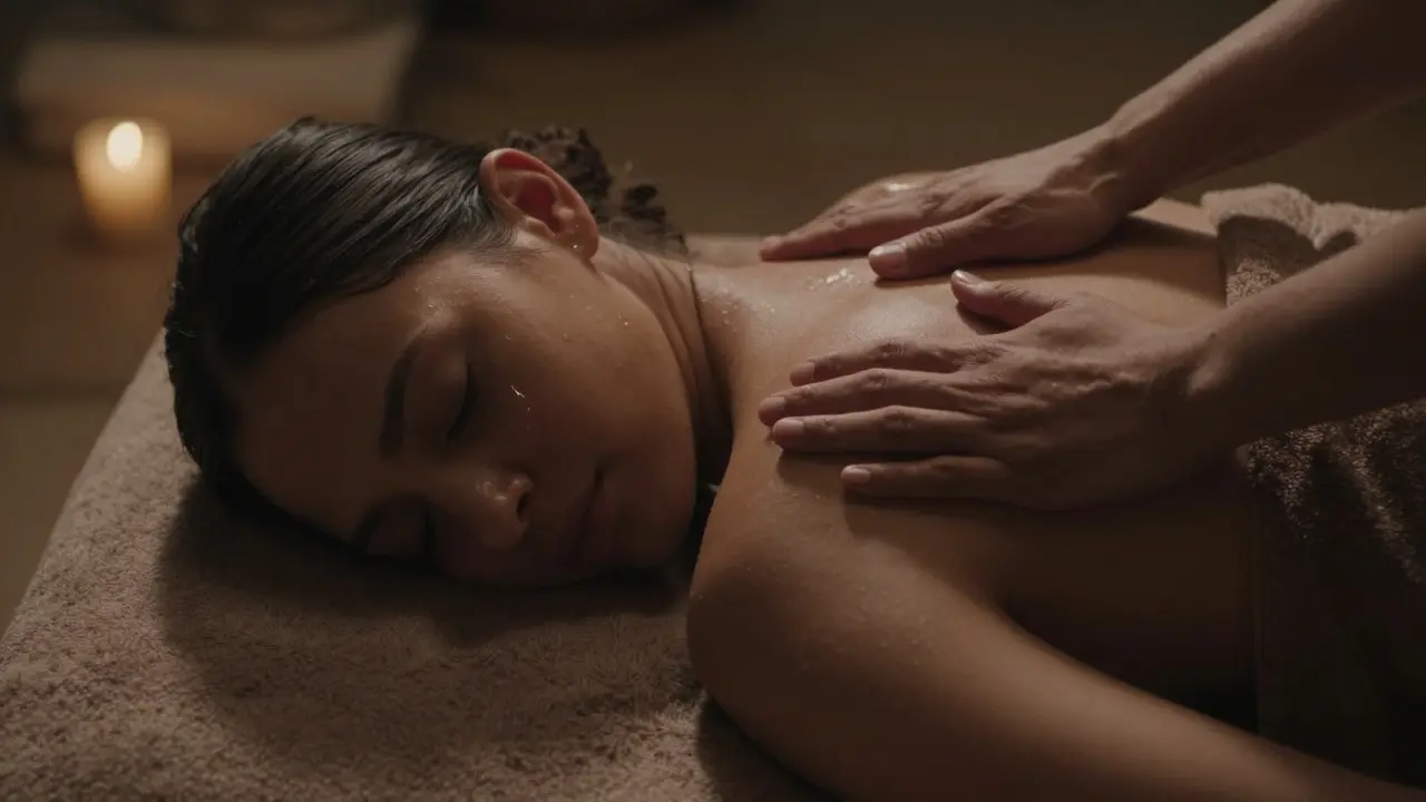 A woman releases emotion during a lomi lomi session, tear on cheek, warm light, towels draped, practitioner's hand in motion above her back.