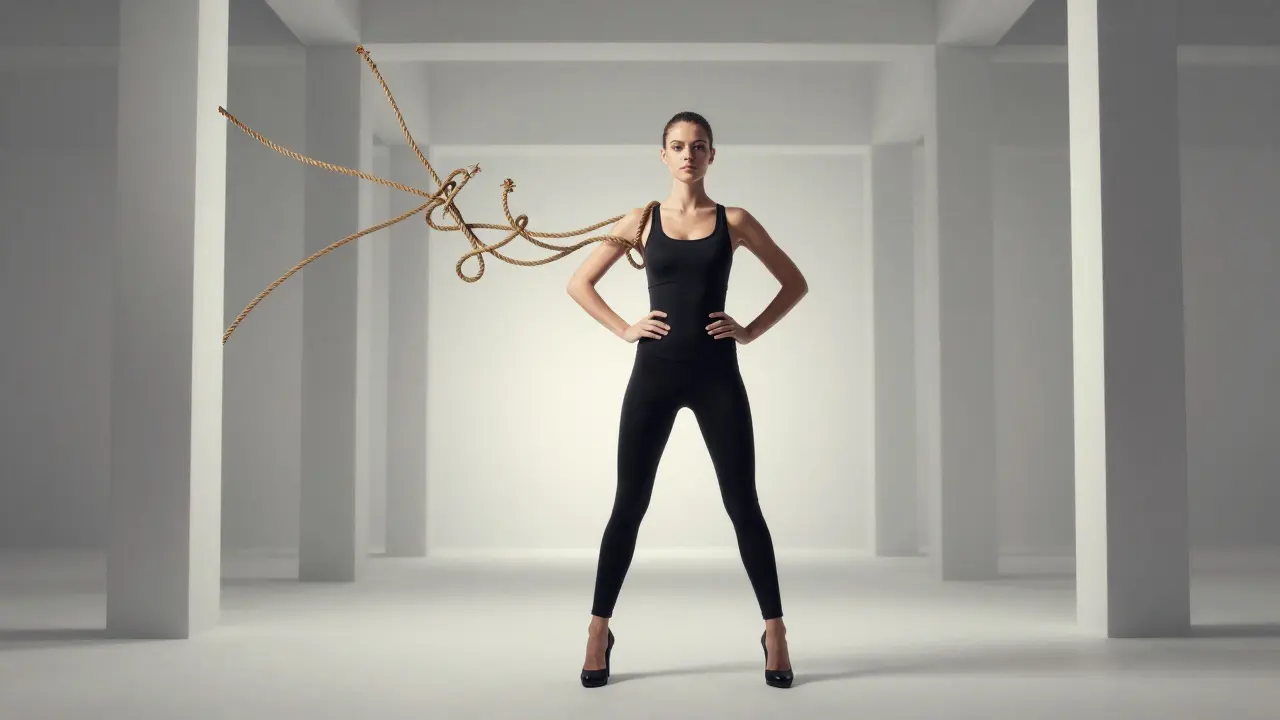 A woman standing tall with perfect posture, her body merging with a stable building as tension ropes fall away.