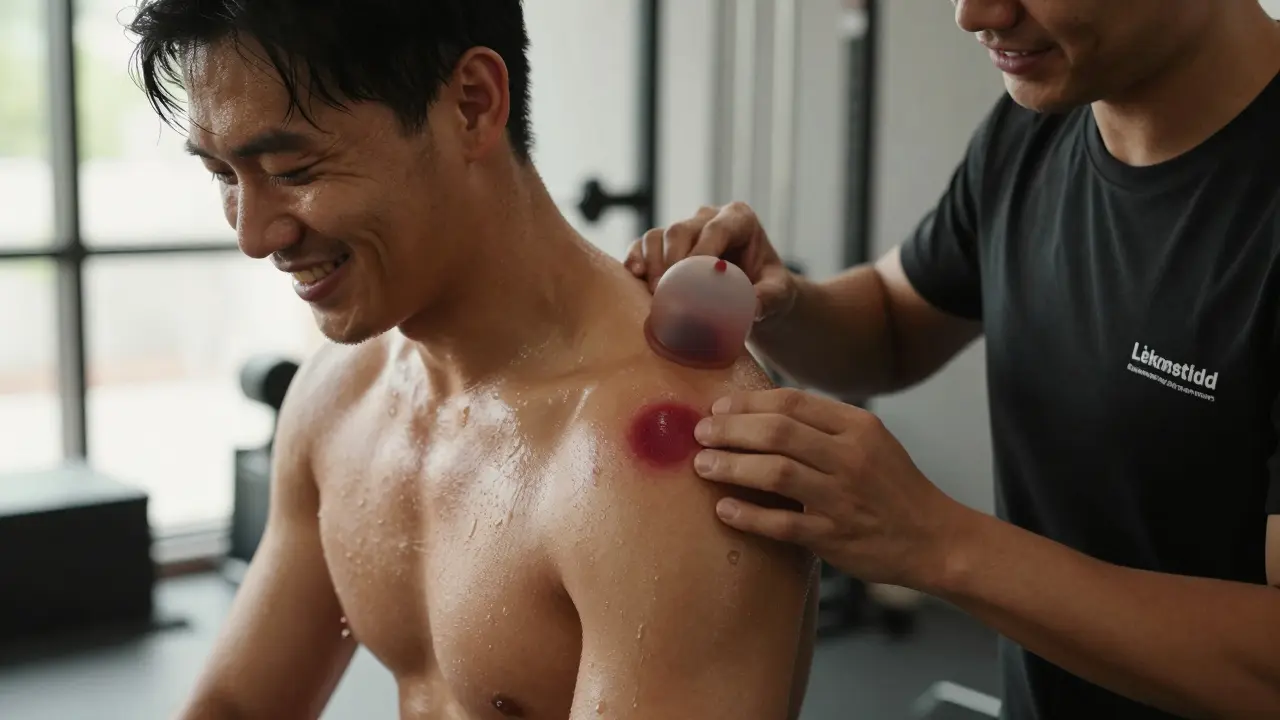 An athlete smiling as a therapist removes a cup from their shoulder, dark circular marks visible on the skin.