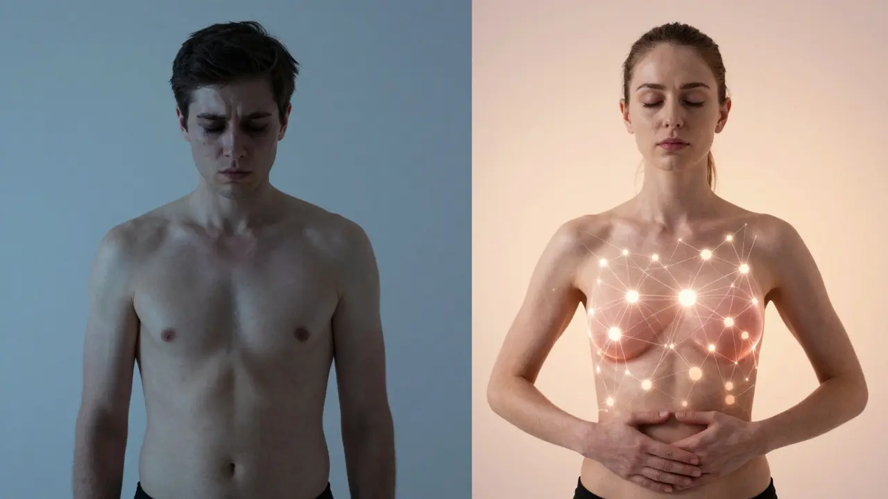 Before and after comparison: stressed person transformed into calm, energized individual through daily acu-yoga practice.