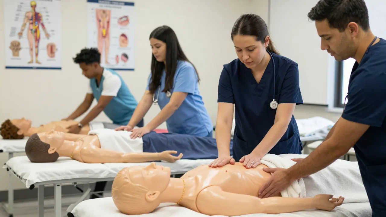 Healthcare trainees practice gentle palliative massage techniques on frail mannequins in a classroom.