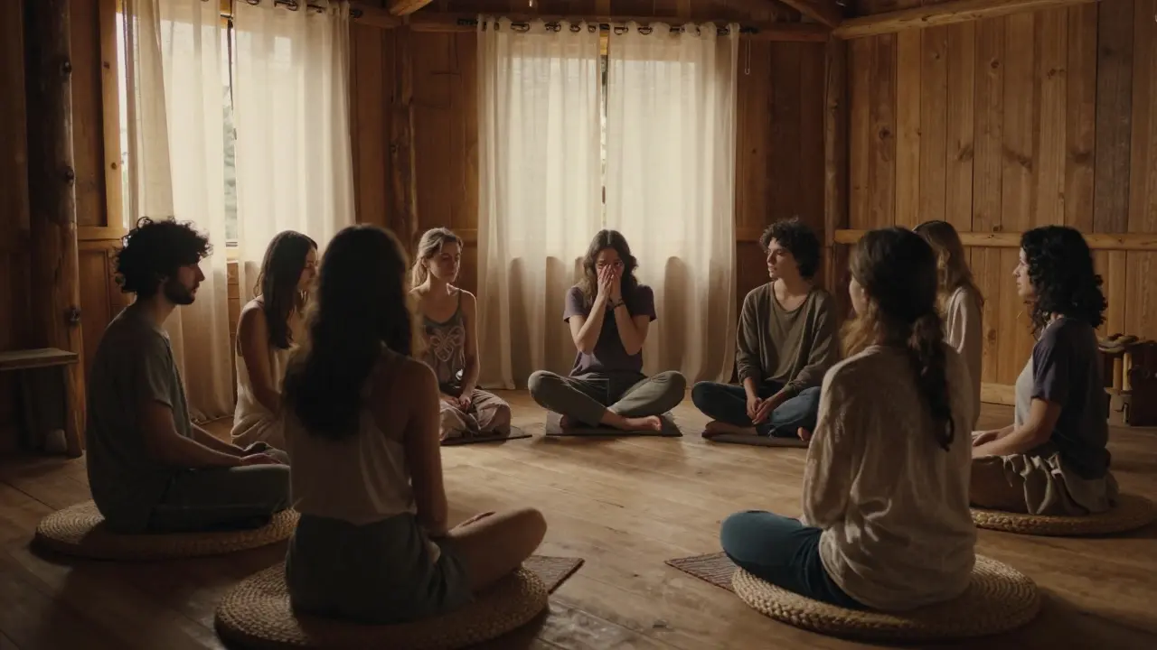 A quiet circle of people in a wooden cabin, sitting in silent communion, one weeping softly as others sit in attentive stillness.