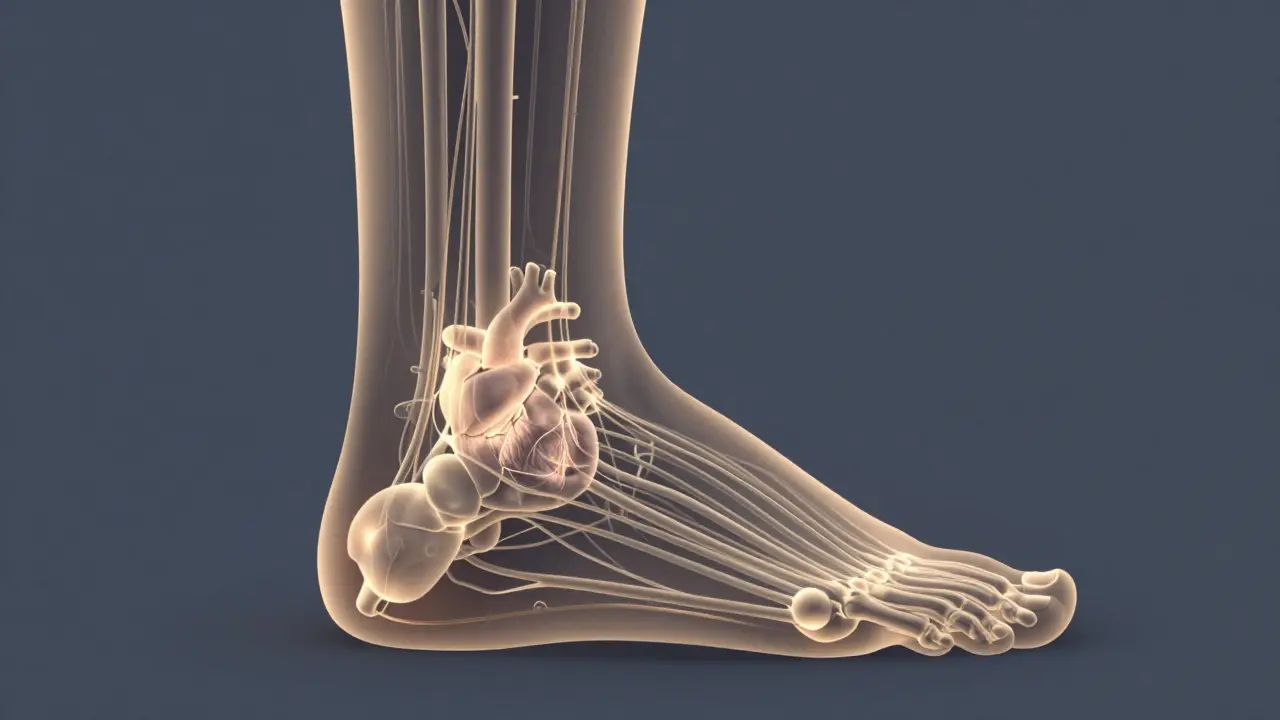 Anatomical diagram showing pressure points on a foot linked by neural pathways to the brain and heart.