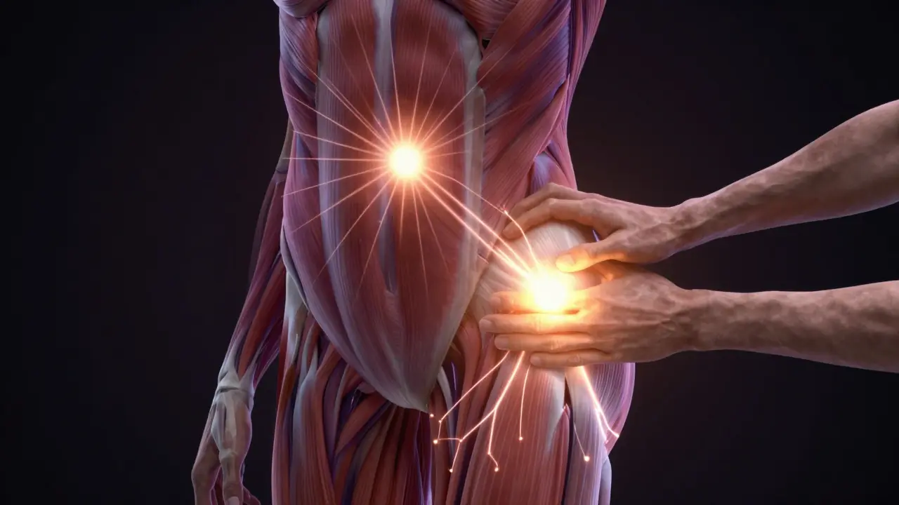 Anatomical illustration showing trigger points radiating pain from shoulder and glute to head and leg.