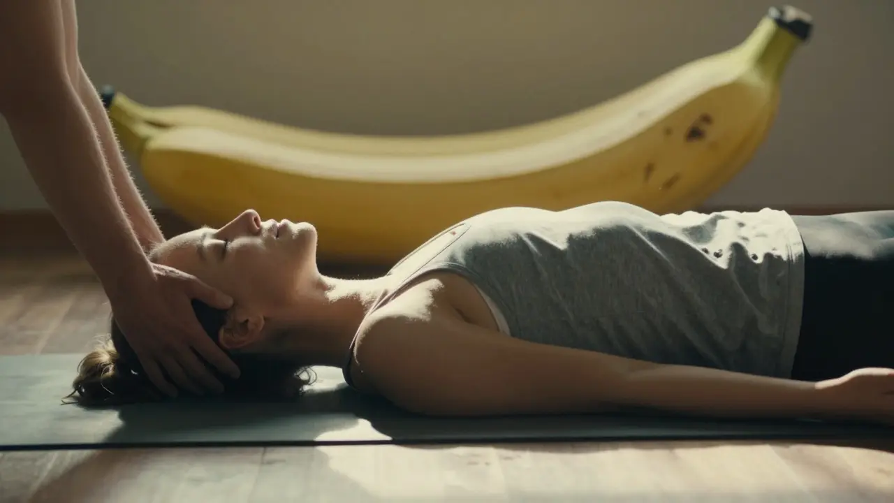 Client in 'banana boat' stretch, therapist gently guiding leg backward, peaceful expression, natural sunlight streaming in.