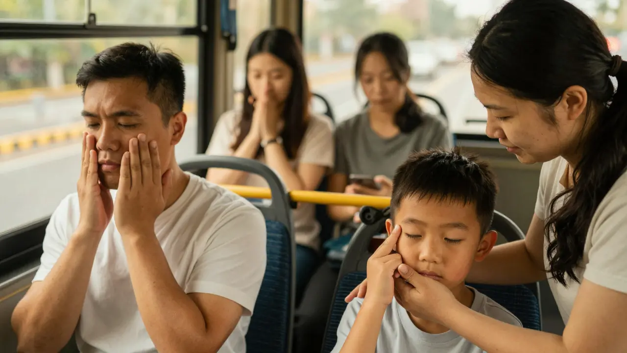 Diverse people practicing acupressure in daily settings like bus, desk, and home