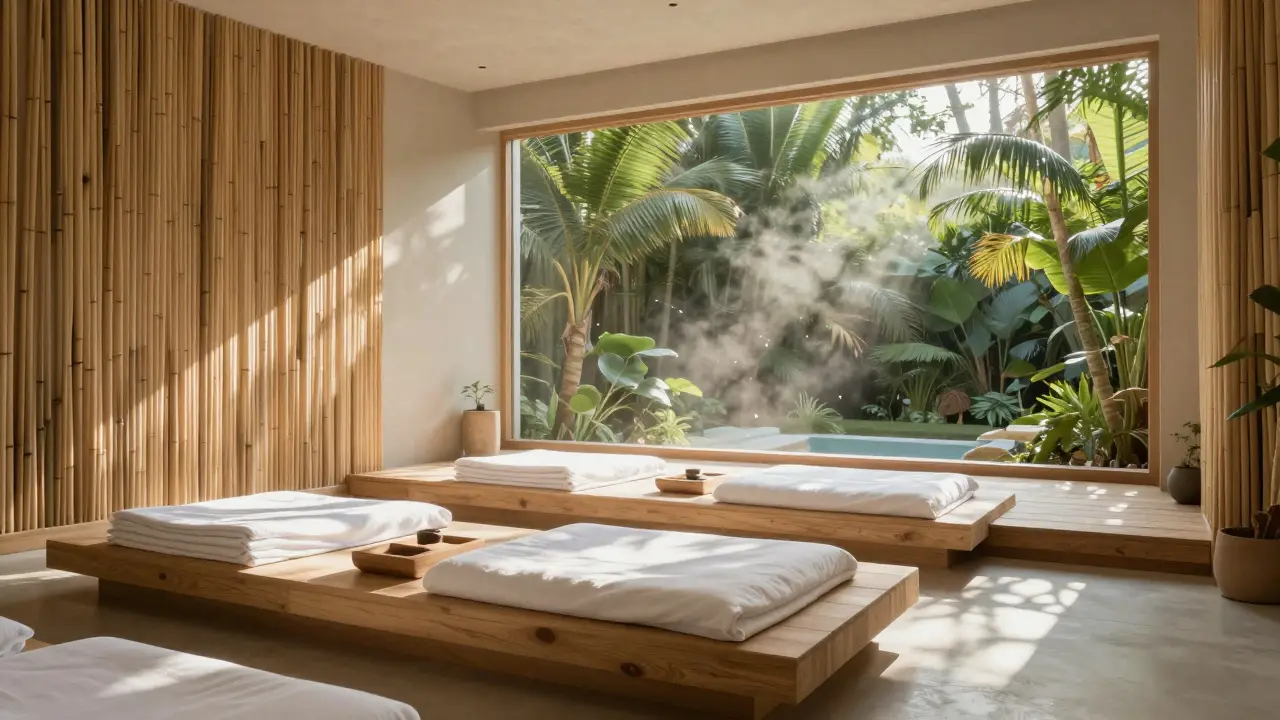 Empty wellness studio with bamboo furniture and bright natural light.