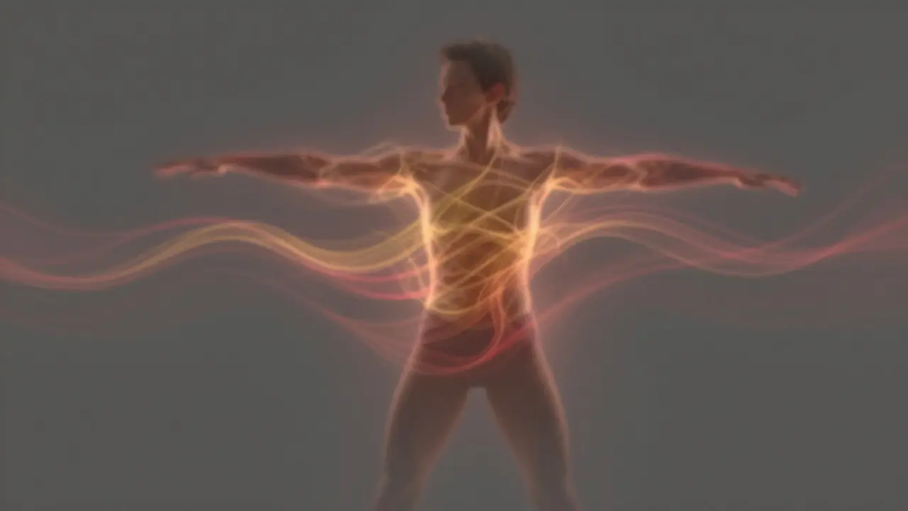 Figure shaking with warm energy waves radiating from torso.