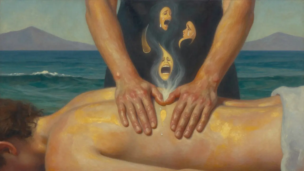 Gentle hands on a back during a massage, with emotional energy rising as mist, blending into ocean and mountain forms.