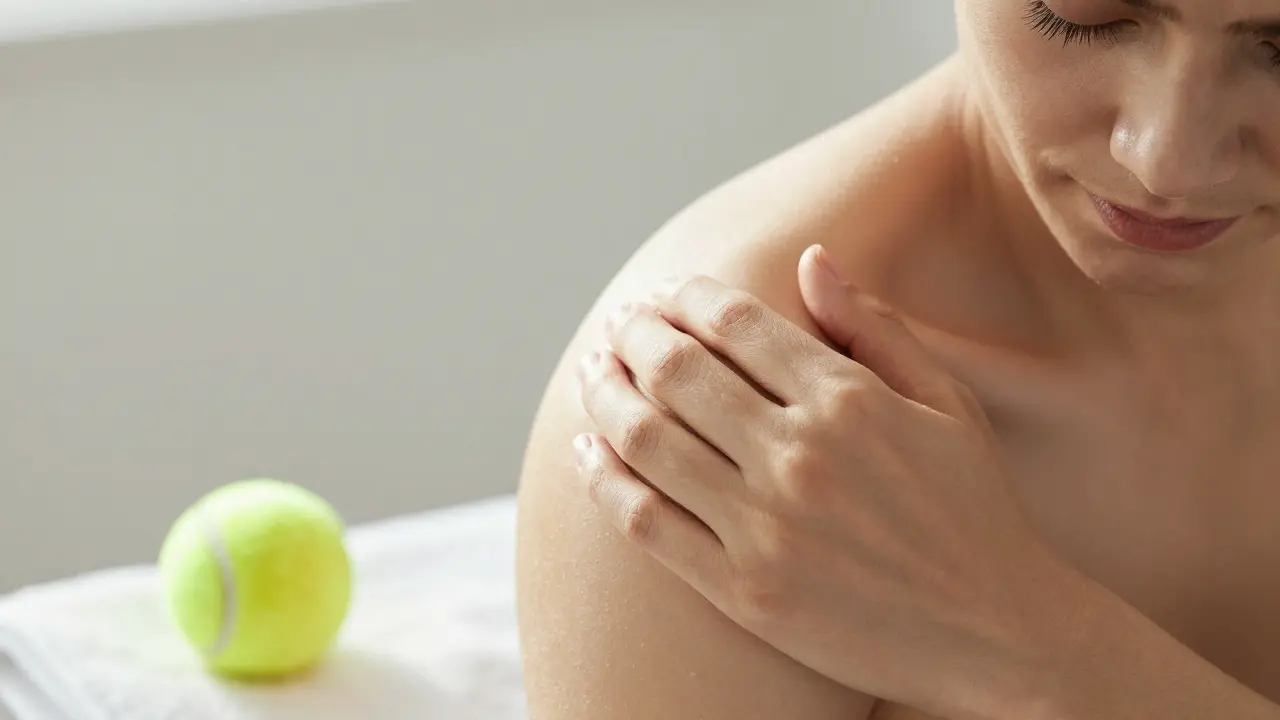 Hand applying pressure with knuckles to a knot in the shoulder blade during self-massage.