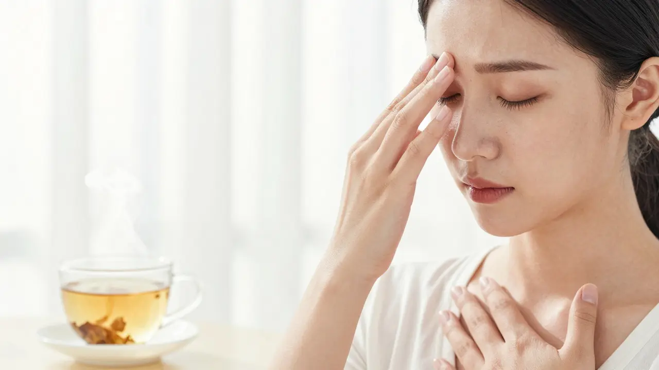 Hands pressing gently between eyebrows for stress relief, soft morning light