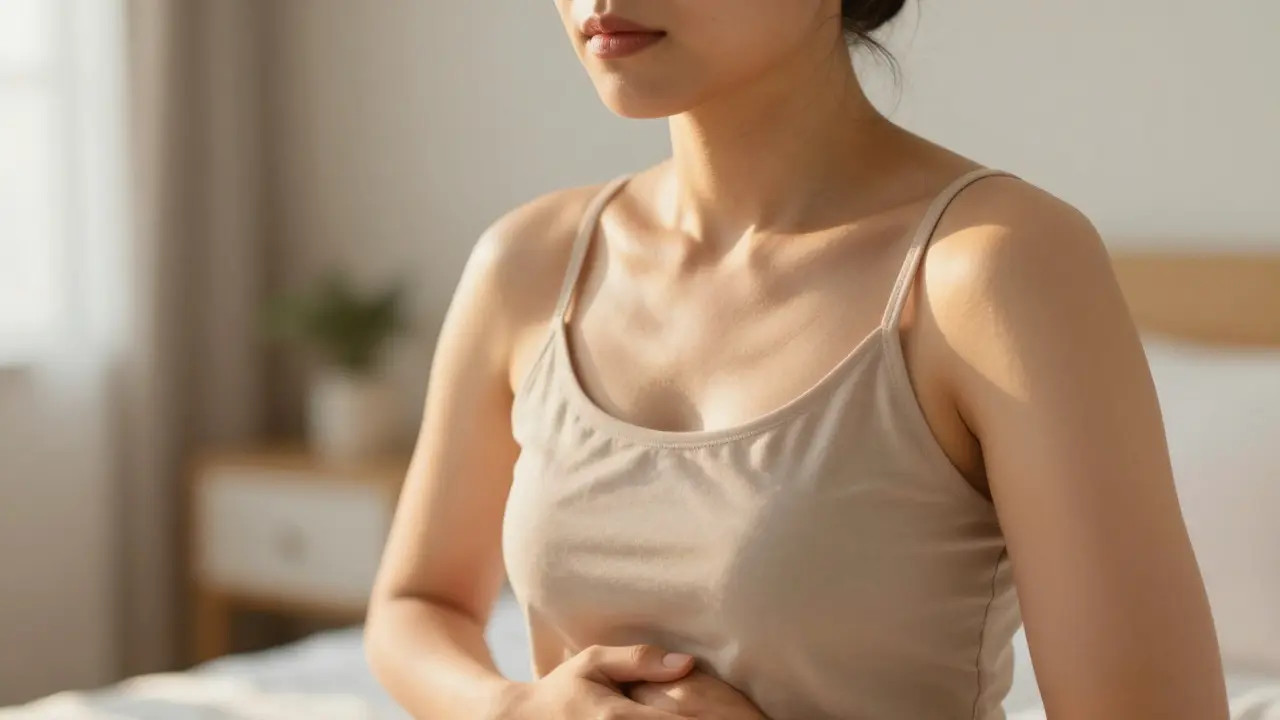 Person breathing deeply with hand on stomach in warm light.