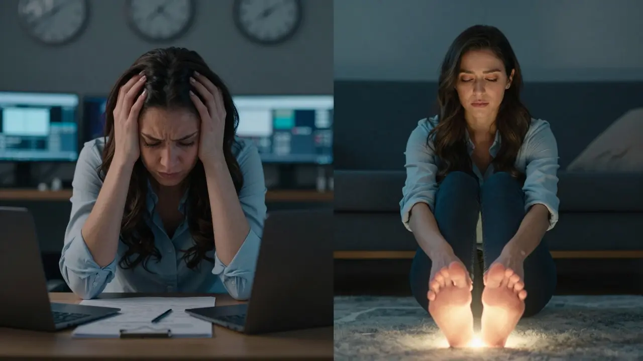 Split image contrasting a stressed person in a chaotic office with a peaceful person practicing foot pressure at home.