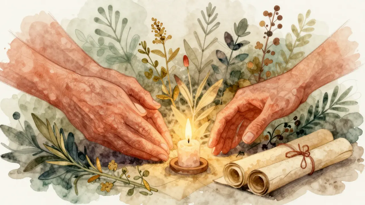 Watercolor art of hands sharing healing herbs to represent tradition.