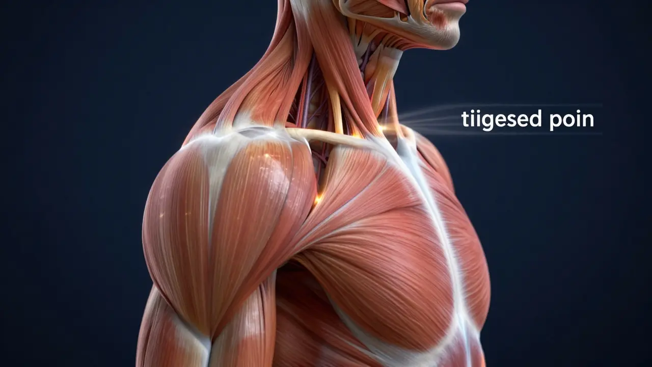 3D anatomical visualization of a trigger point in the shoulder causing referred pain in the eye.