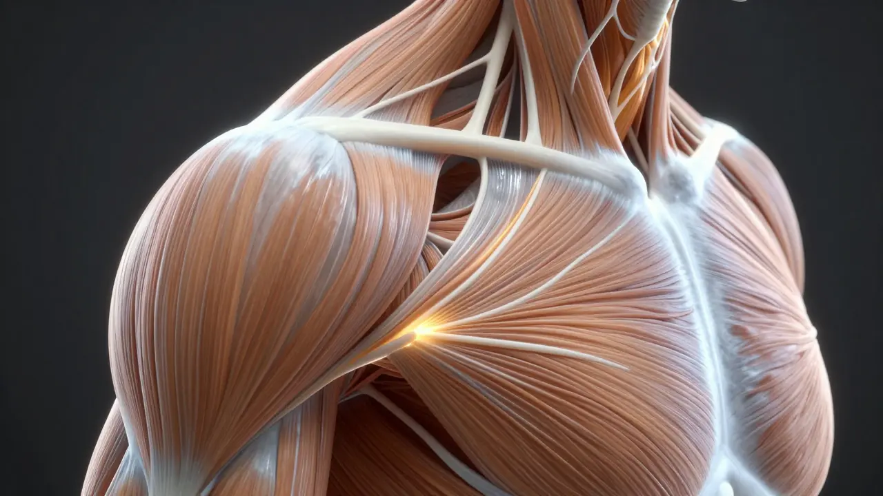 3D medical render of human shoulder fascia with glowing amber areas indicating tissue restrictions.