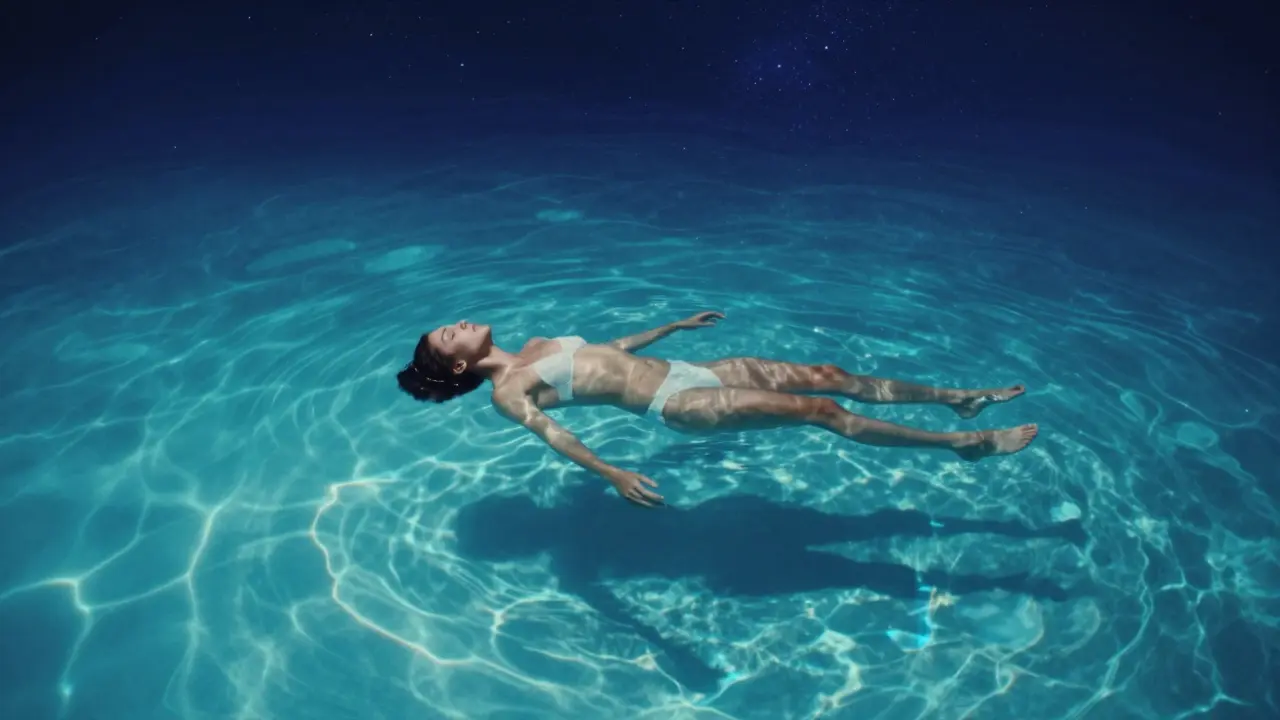 A person floating peacefully in a turquoise pool under a starry night sky with gentle ripples.