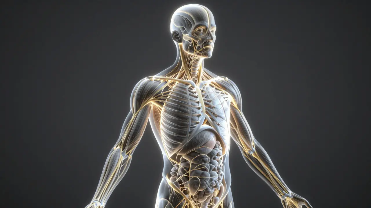 A translucent human figure showing a glowing, intricate network of connective fascia tissue.