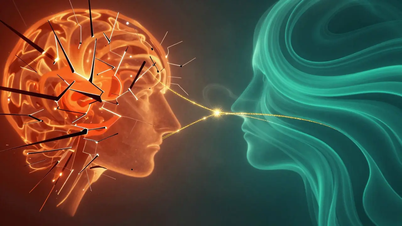 Abstract art showing a transition from red chaotic tension to calm teal flowing organic shapes.