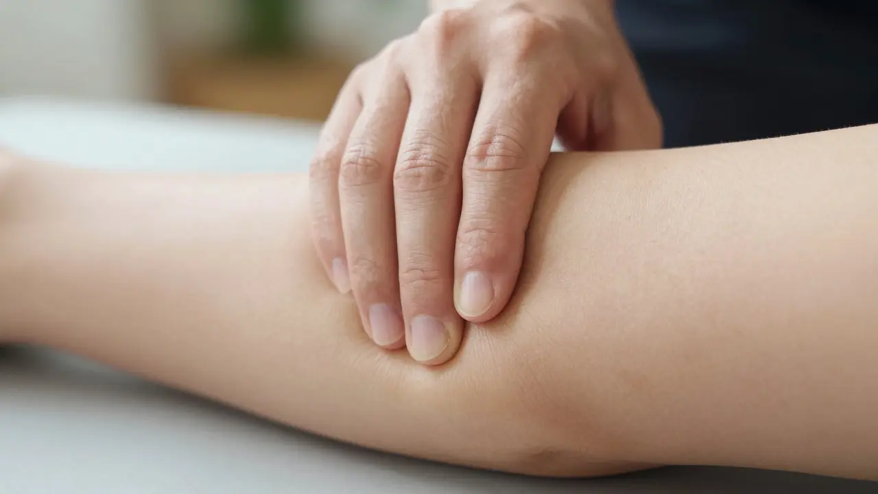 Close-up of a thumb applying perpendicular pressure to a muscle knot in a forearm.