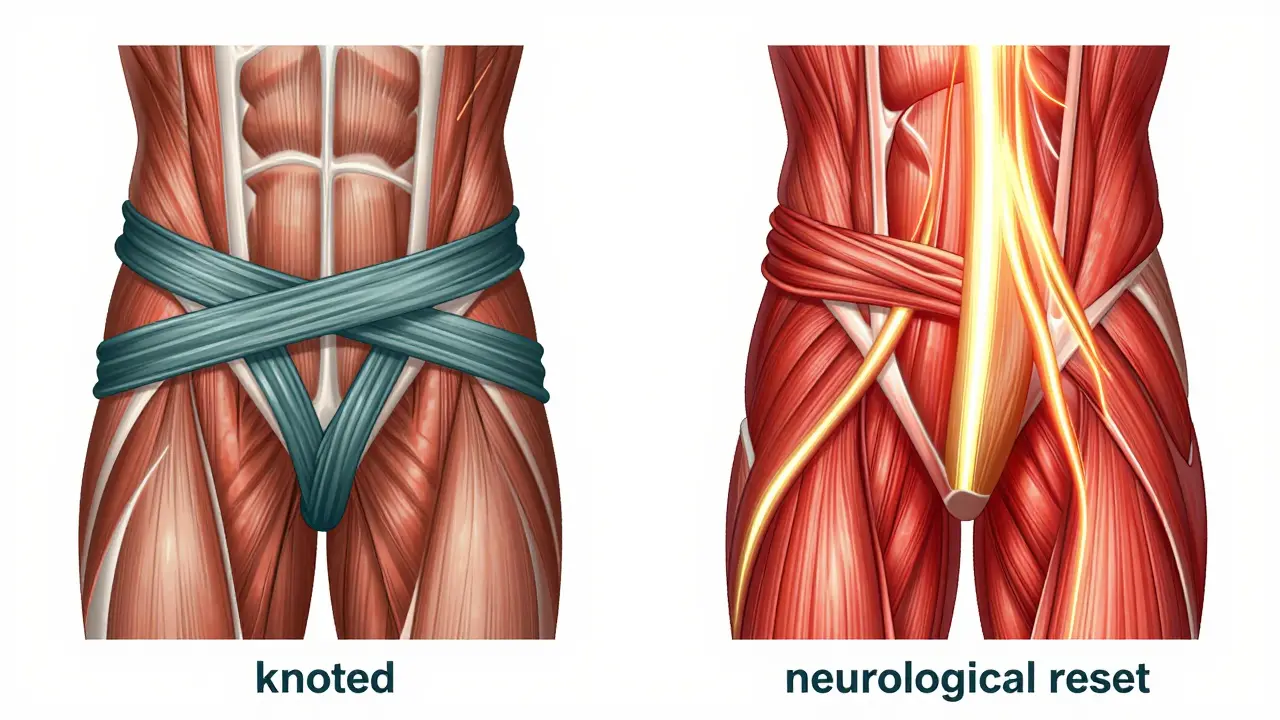 Comparison of a constricted muscle knot and a relaxed muscle with healthy blood flow.