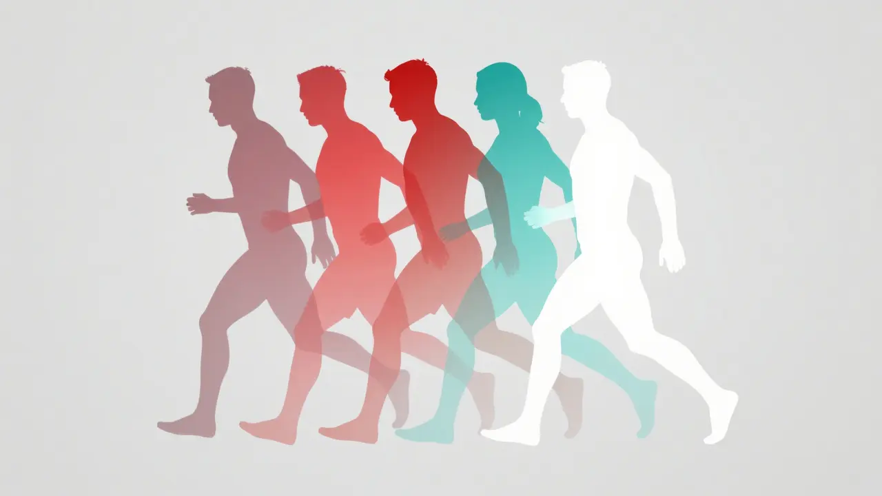 Conceptual silhouettes of a human body transitioning from red pain zones to teal healing tones.