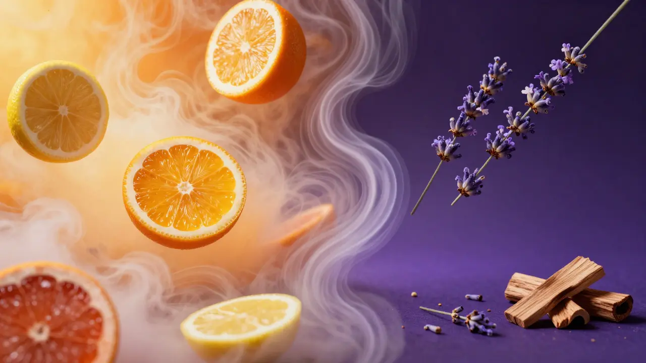 Conceptual split image contrasting energetic citrus oils with calming lavender and cedarwood.