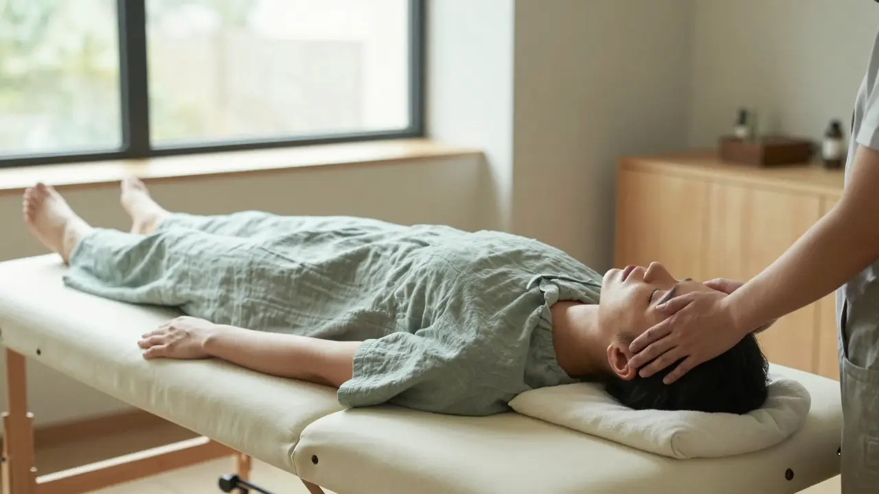 Practitioner performing a gentle craniosacral therapy session on a relaxed, fully clothed patient.