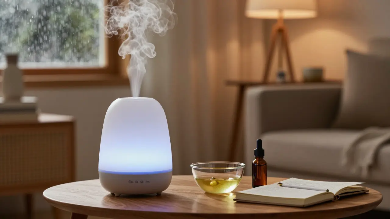 Ultrasonic diffuser emitting mist next to a journal and carrier oil on a wooden table.