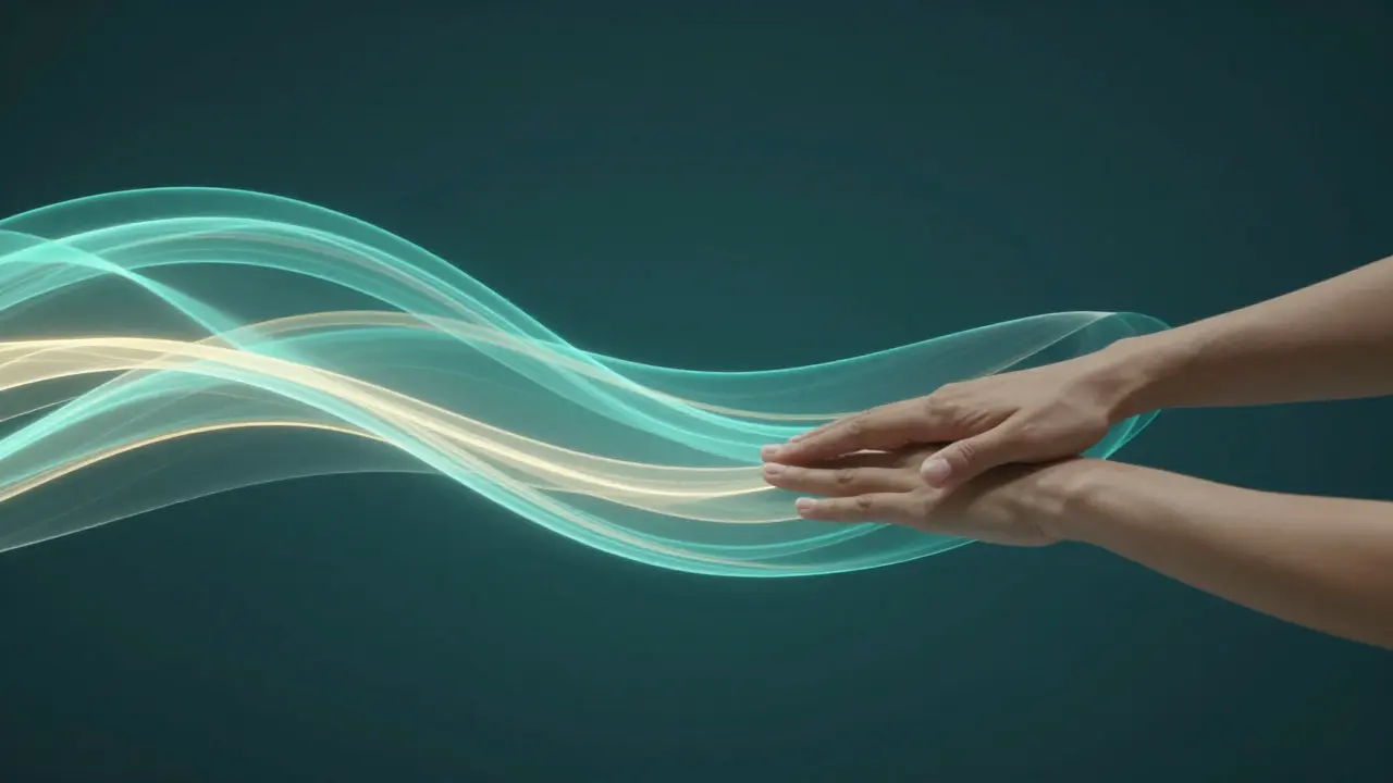 Abstract glowing ribbons of light illustrating the continuous, flowing motion of Lomi Lomi massage strokes.