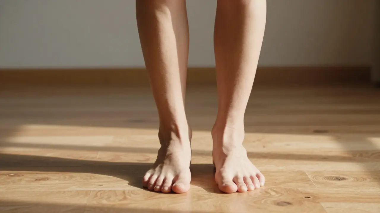 Close-up of aligned legs and feet on wooden floor