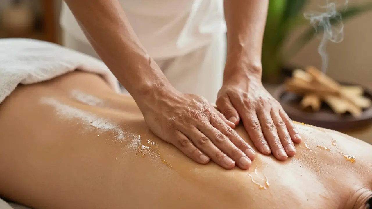 Close-up of forearms performing rhythmic Lomi Lomi massage with oil.