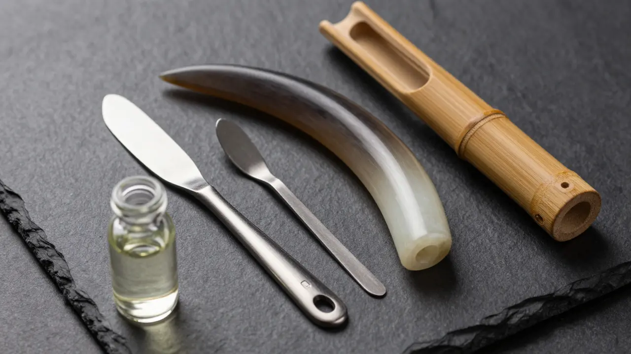 Collection of Gua Sha tools made from stone, metal, and horn