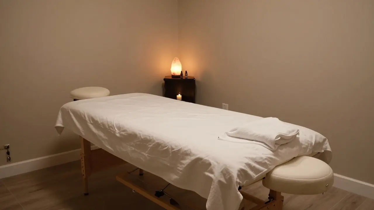 Empty, serene massage therapy room with a table and dim warm lighting