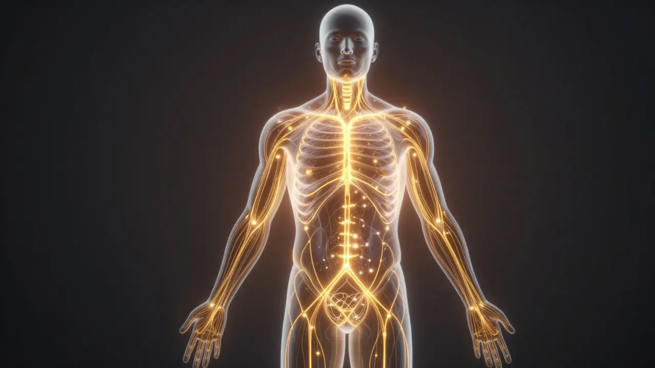 Glowing energy meridians flowing through a translucent human silhouette