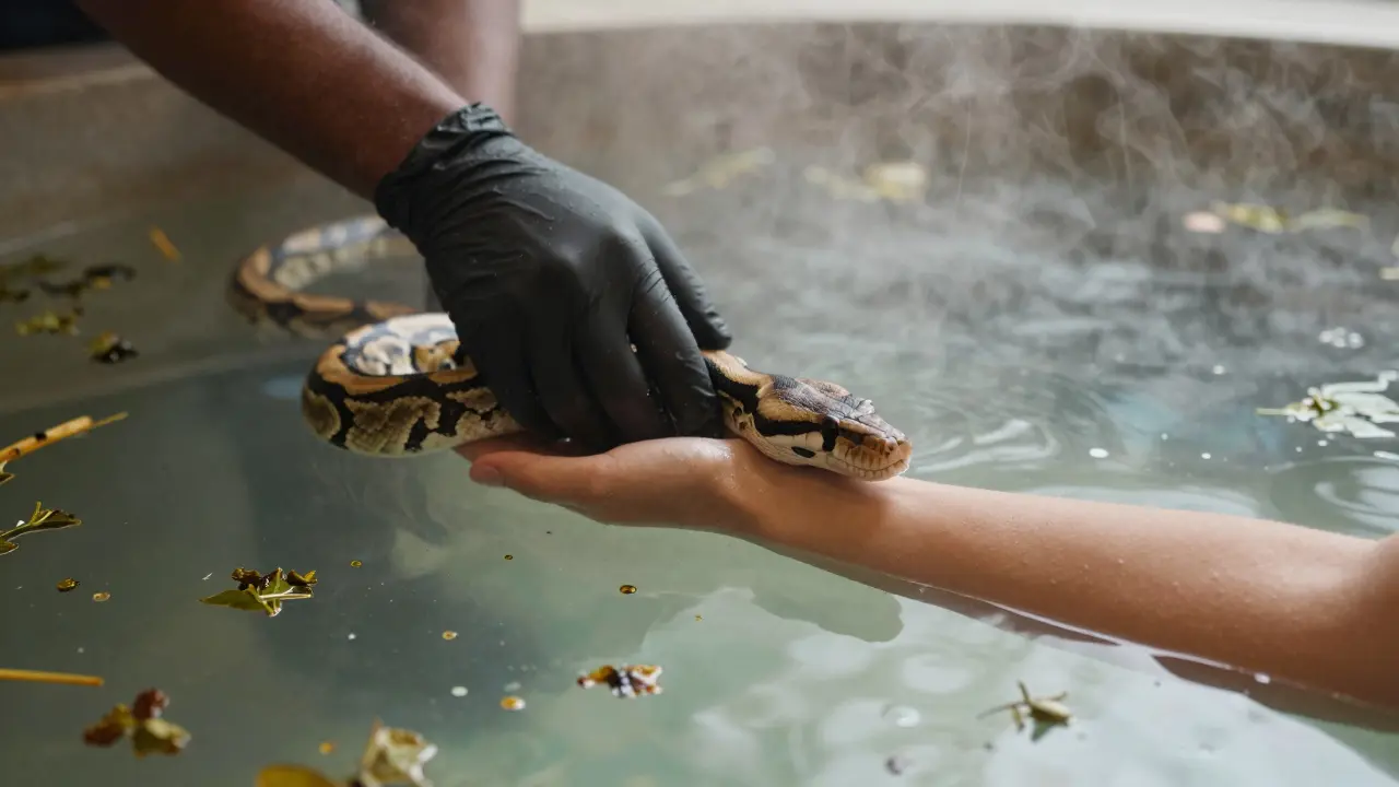 Handler guiding a python into a warm hydrotherapy pool