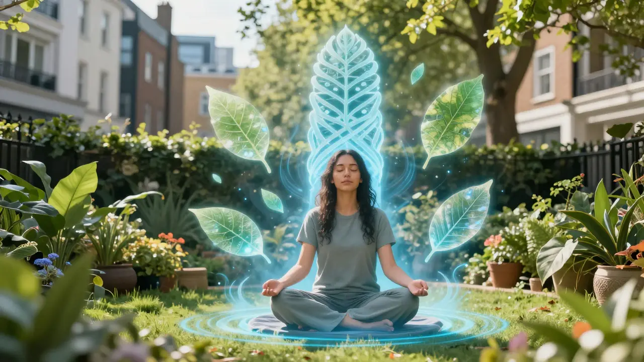 Person meditating in a city garden surrounded by symbols of natural wellness.