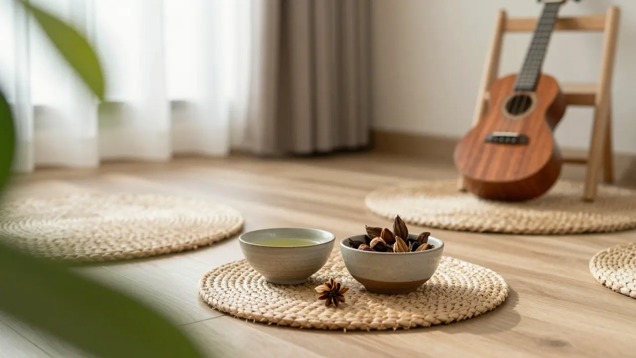 Serene wellness room with natural textures, oils, flowers, and a ukulele in soft morning light.