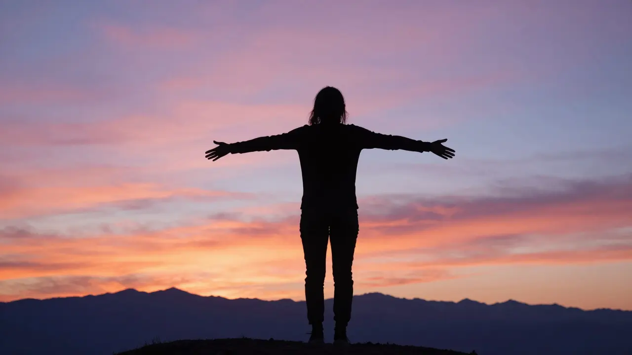 Silhouette of a relaxed person standing against a vibrant mountain sunset